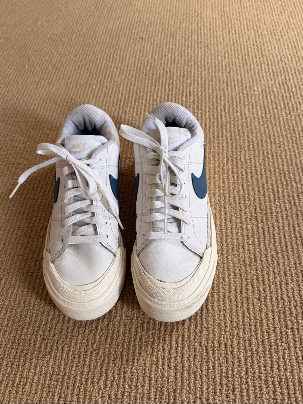 Nike Women's White Leather Sneakers with Navy Swoosh, Court Classic